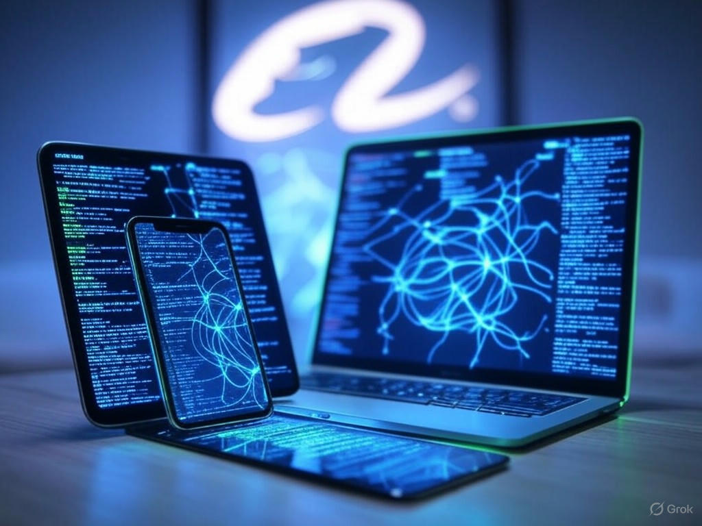 Hình ảnh tượng trưng sự hợp tác giữa Alibaba và Apple trong lĩnh vực AI, với logo Qwen3 và các thiết bị Apple.