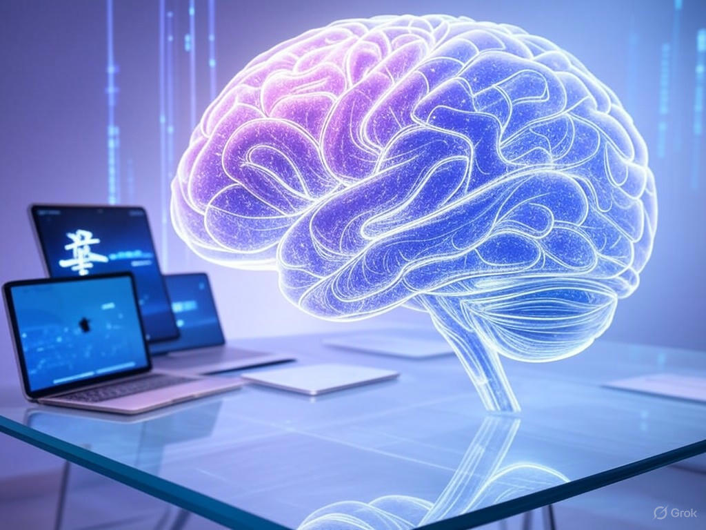 Minh họa các thiết bị Apple đang chạy các ứng dụng AI thông minh.