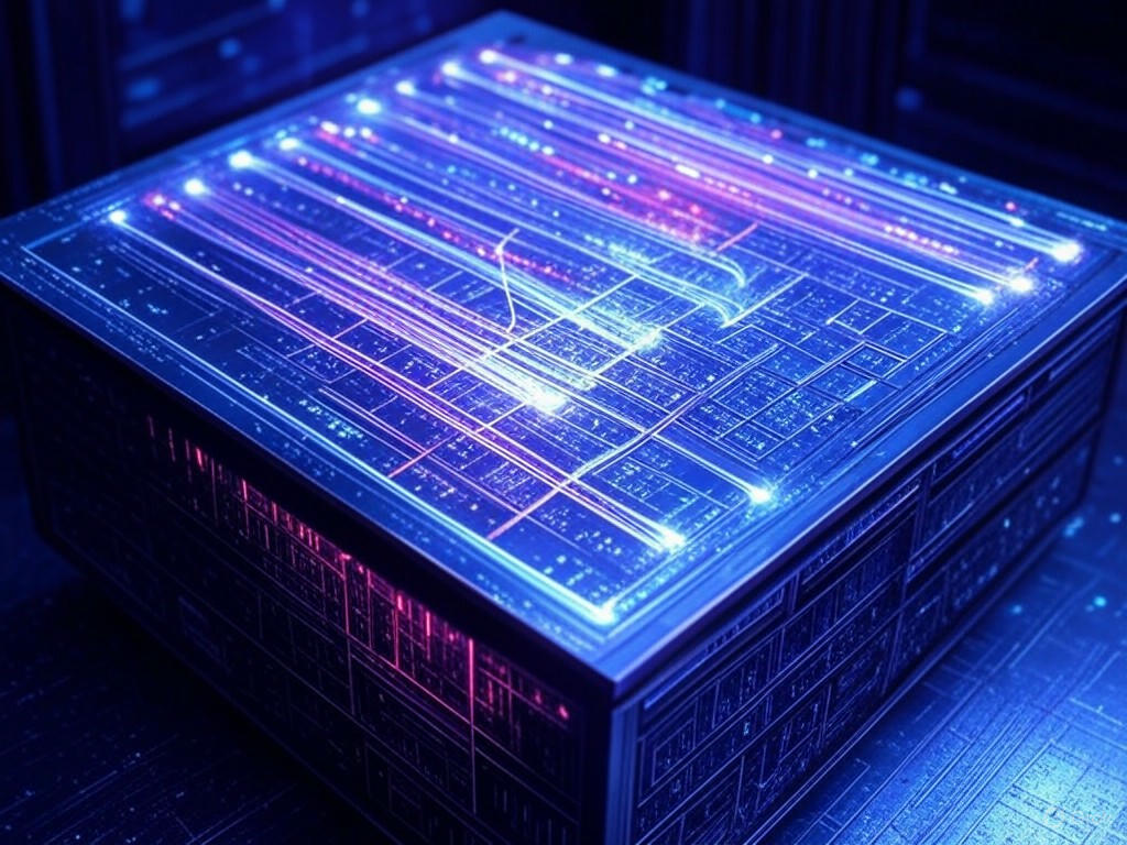 Một hình ảnh chip AMD EPYC Venice với kiến trúc Zen 6, thể hiện nhiều lõi và các kết nối băng thông cao, màu sắc chủ đạo là xanh dương và tím, có ánh sáng neon, phong cách công nghệ cao, chất lượng 800x400.