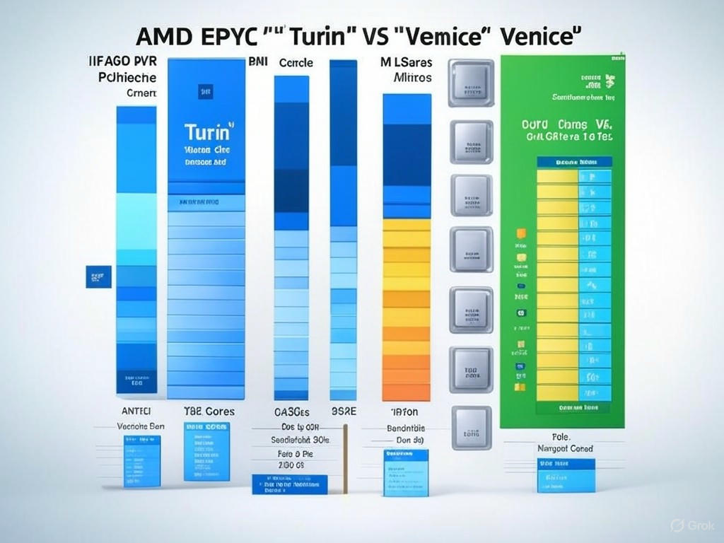Biểu đồ so sánh băng thông bộ nhớ và CPU-to-GPU của các thế hệ chip AMD EPYC, từ Turin đến Venice, thể hiện sự tăng trưởng vượt bậc, với các thanh biểu đồ màu xanh và cam, nền tối, phong cách infographic công nghệ cao, chất lượng 800x400.