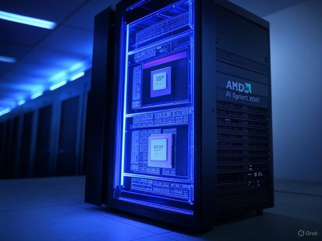 Hình ảnh minh họa hệ thống AI rack của AMD với CPU EPYC Verano và GPU Instinct MI500X.