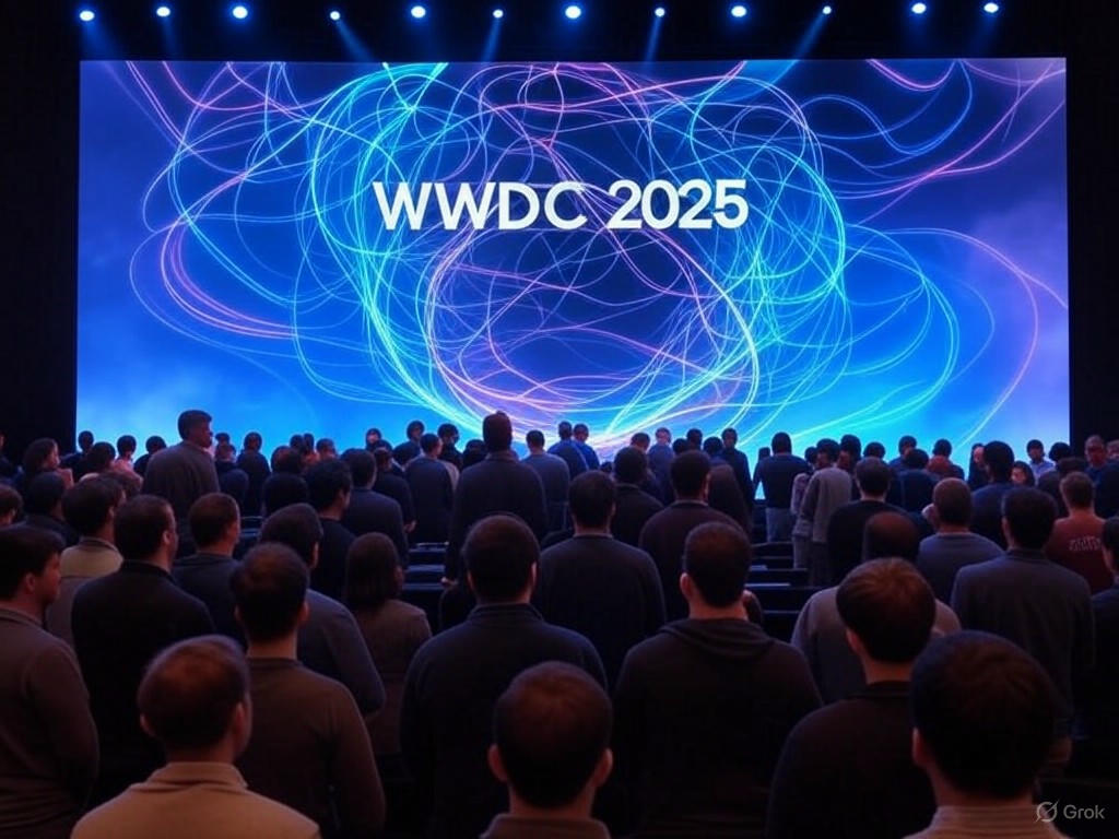 Khung cảnh tại hội nghị WWDC 2025 với hình ảnh các hệ điều hành của Apple trên màn hình lớn.