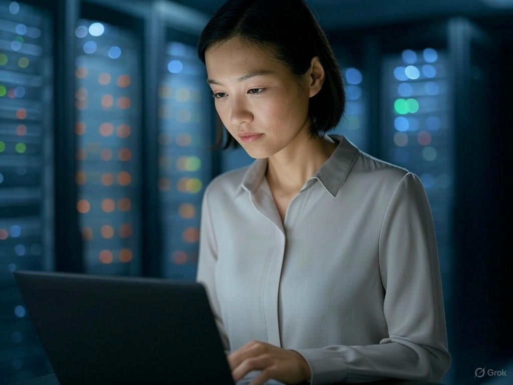 Một kỹ sư nữ đang làm việc với máy tính xách tay trong trung tâm dữ liệu khổng lồ, xung quanh là các dãy máy chủ sáng đèn, biểu thị công việc quản lý dữ liệu lớn và điện toán hiệu năng cao.