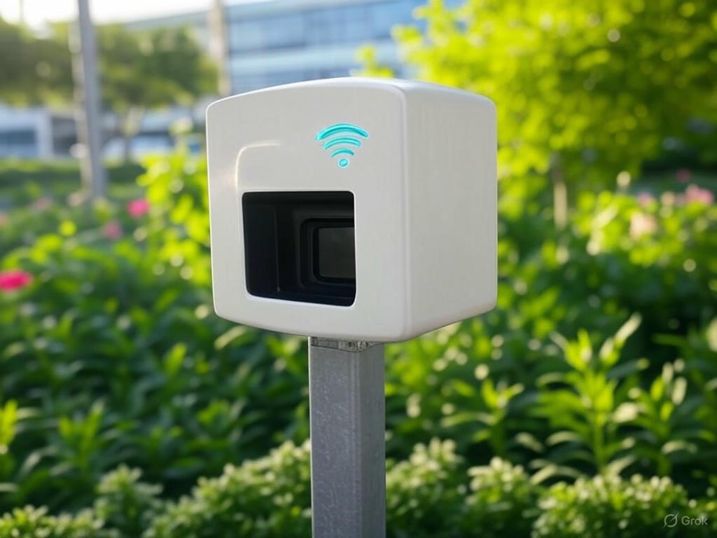 Hình ảnh minh họa thiết bị Omada EAP772-Outdoor ngoài trời, với tín hiệu Wi-Fi mạnh mẽ lan tỏa.