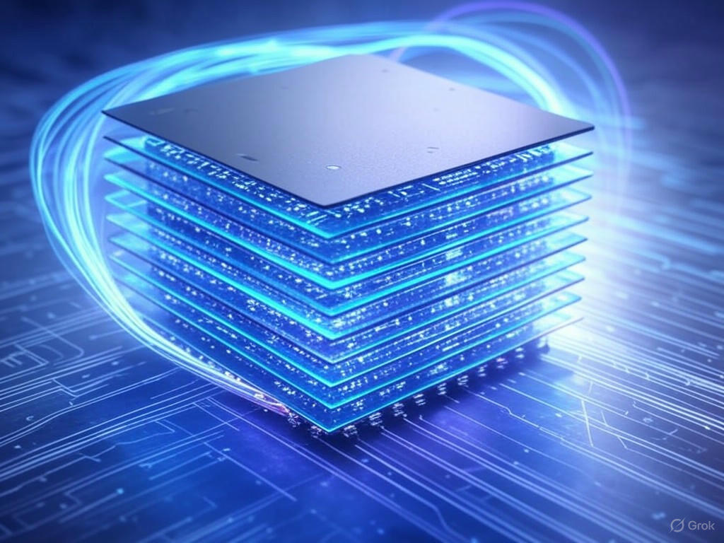 Hình ảnh minh họa lộ trình phát triển bộ nhớ HBM trong tương lai, với các chip xếp chồng lên nhau, giao diện băng thông cao và tích hợp công nghệ tiên tiến.