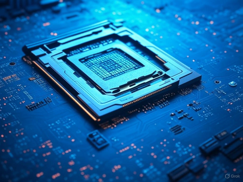 Hình ảnh minh họa bộ xử lý Intel Nova Lake với kiến trúc vi mô tiên tiến và nhiều lõi, thể hiện hiệu suất cao và cạnh tranh với AMD Zen 6.