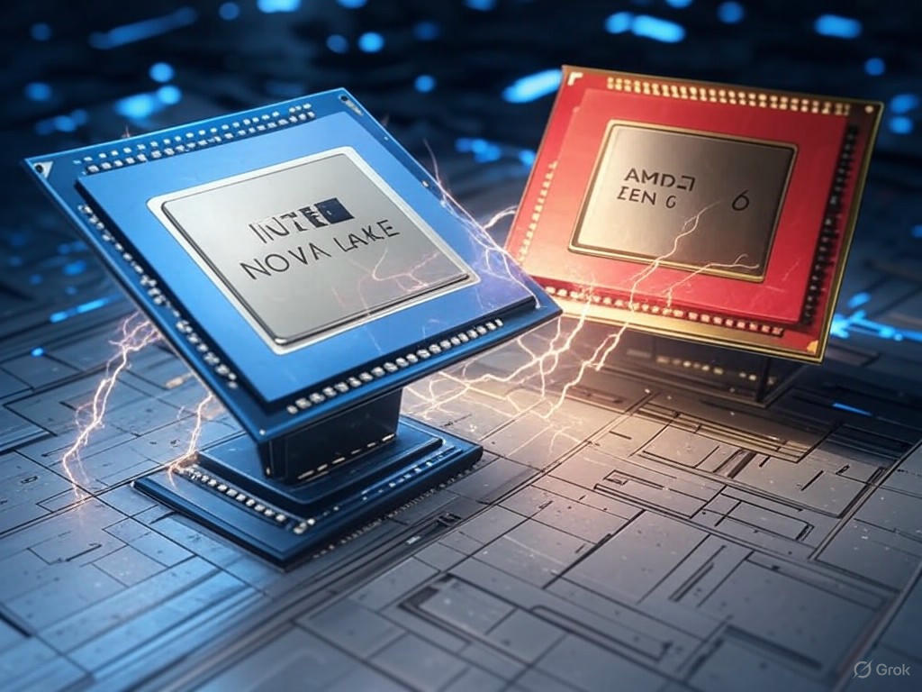 Hình ảnh minh họa bộ xử lý Intel Nova Lake với kiến trúc vi mô tiên tiến và nhiều lõi, thể hiện hiệu suất cao và cạnh tranh với AMD Zen 6.