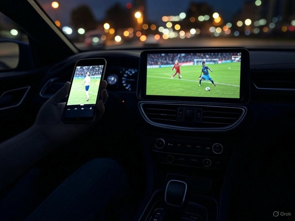 Người lái xe đang xem video trên màn hình CarPlay của ô tô khi xe đang đỗ.