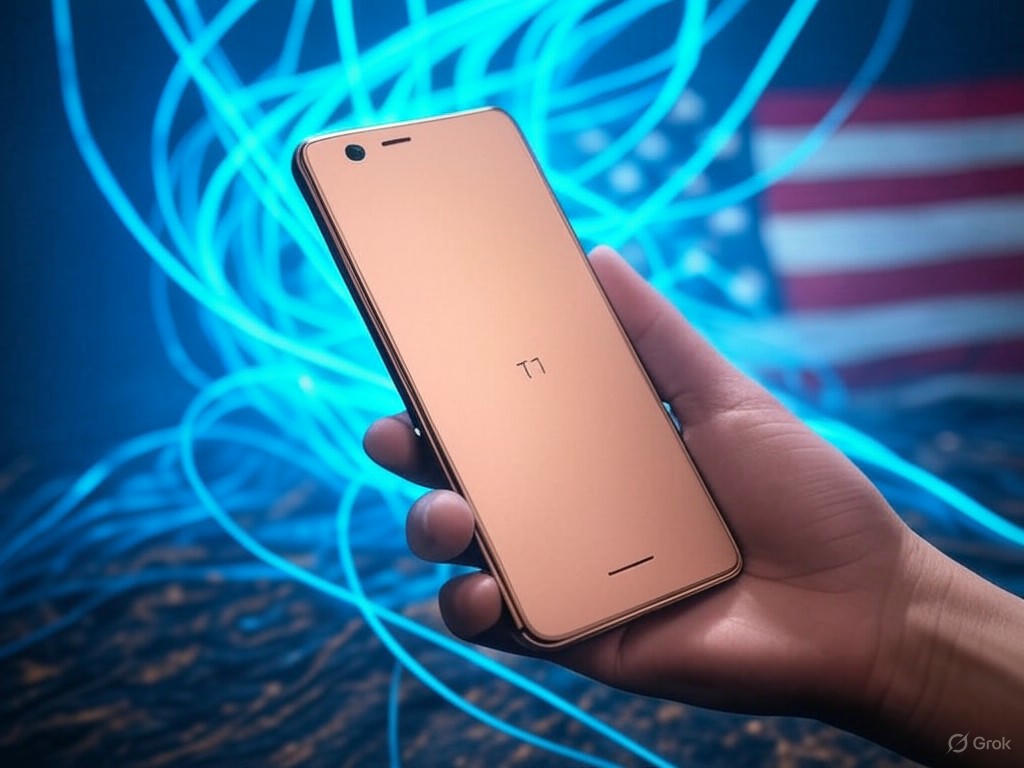 Hình ảnh một chiếc smartphone màu vàng sang trọng với logo T1, đặt trên nền biểu tượng di động hoặc cờ Mỹ, thể hiện sự liên kết với Trump Mobile.