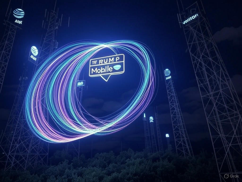 Biểu tượng Trump Mobile (hoặc logo T1 Mobile) đặt trước hình ảnh của các cột sóng mạng di động, tượng trưng cho việc sử dụng hạ tầng mạng có sẵn của các nhà mạng lớn như AT&T, T-Mobile, Verizon.