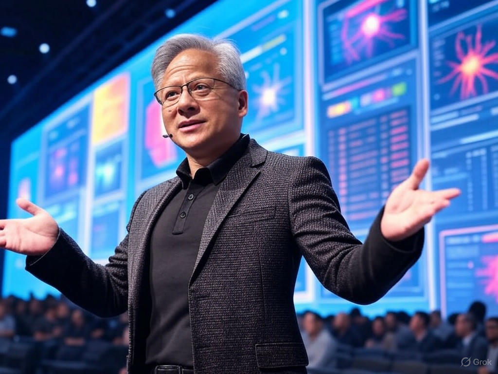 Jensen Huang, CEO của Nvidia, đang trình bày bài phát biểu tại một hội nghị công nghệ lớn, với màn hình lớn phía sau hiển thị đồ họa liên quan đến AI. Ông đang tự tin thể hiện tầm nhìn của mình.