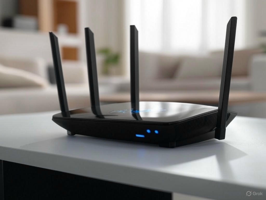 Hình ảnh minh họa router TP-Link Archer AX55 màu đen bóng với bốn ăng-ten, đặt trong không gian nhà hiện đại.