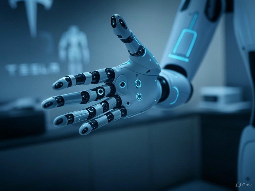 Hình ảnh một robot Optimus đang hoạt động và biểu tượng của Tesla, với hình bóng một người đang cầm tập tài liệu và biểu tượng của một startup mới.