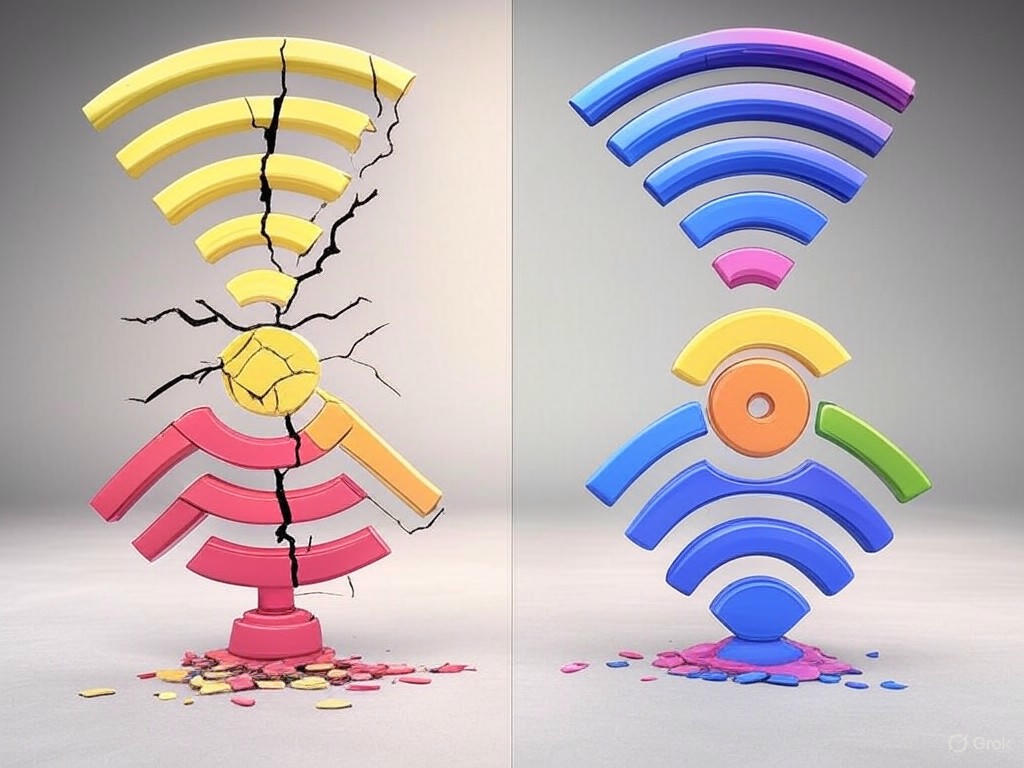 Minh họa các tín hiệu Wi-Fi ổn định và mạnh mẽ trong một ngôi nhà thông minh với nhiều thiết bị được kết nối.